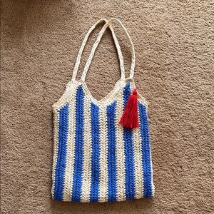 Blue and White Striped Rafia Tote Bag with Red Tassel